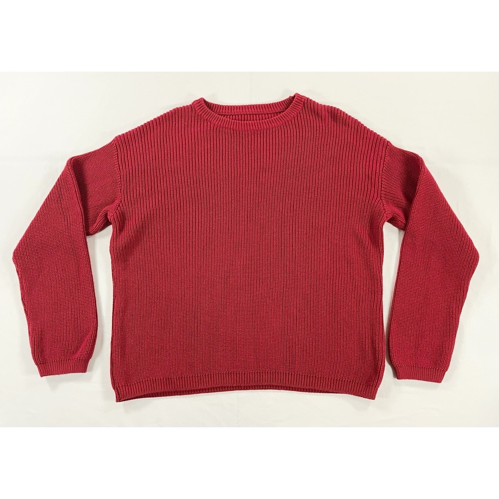 Womens XL Red Ribbed Crew Neck Sweater Chunky Knit Long Sleeve Cozy‎ Pullover